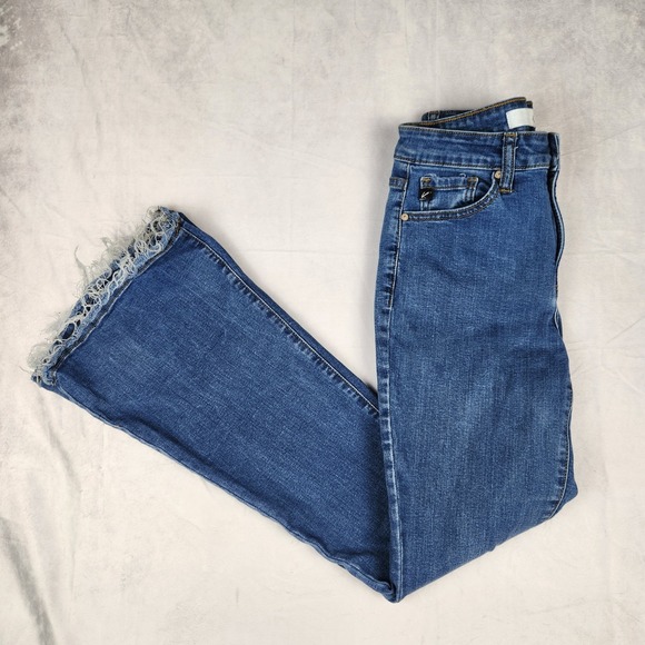 KanCan Jeans Womens Size 5/26 Mid Rise Flare Raw Hem Blue Denim Pants - Picture 3 of 10